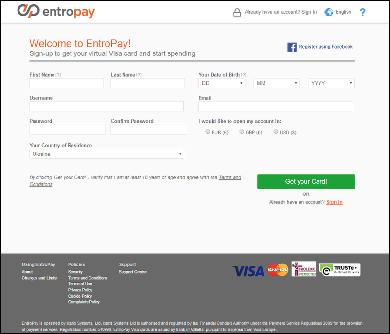 Fill in Form to Get Your EntroPay Account for Casino Playing